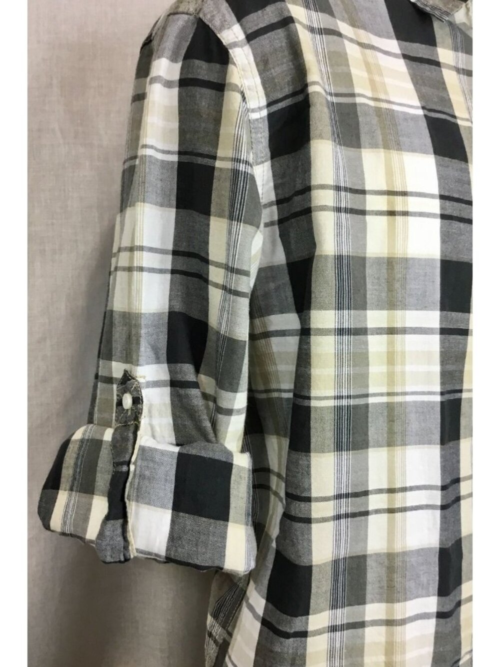 90 Grunge Button Down Shirt Mens L Neutral Gray Plaid Tailored Fit Cabincore VTG - Picture 4 of 12